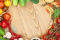 Fresh ingredients for cooking: pasta, tomato, cucumber, mushroom Royalty Free Stock Photo