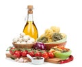 Fresh ingredients for cooking: pasta, tomato, mushroom and spice Royalty Free Stock Photo
