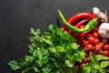 Fresh ingredients for cooking spicy sauce: cherry tomatoes, parsley, basil, garlic and chilli pepper on black background Royalty Free Stock Photo