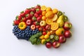 fresh ingredients fruits and vegetables for a healthy eating and vegetarian diet nutrition in shape of human brain. View