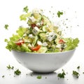 Fresh ingredients for Greek salad falling into bowl on white background Royalty Free Stock Photo