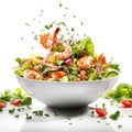 Fresh ingredients for Greek salad falling into bowl on white background Royalty Free Stock Photo