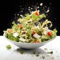 Fresh ingredients for Greek salad falling into bowl on white background Royalty Free Stock Photo