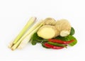 Fresh ingredients hot soup Tom Yam lemongrass ginger hot peppers on a white background