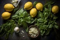 Fresh ingredients for making homemade pesto sauce. basil, parmesan cheese, garlic, and lemon