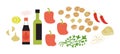 Fresh ingredients for muhammara dip. Pepper walnut sause making. Flat vector illustration isolated on white background.
