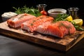 Fresh ingredients for preparing a delicious salmon fish dish on a rustic wooden cutting board Royalty Free Stock Photo