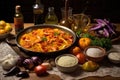 fresh ingredients spread out for paella: saffron, rice, vegetables