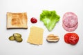 Fresh ingredients for tasty sandwich on white background, top view Royalty Free Stock Photo