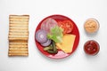 Fresh ingredients for tasty sandwich on white background, top view Royalty Free Stock Photo