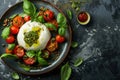 Fresh Italian burrata cheese with vibrant tomatoes and pesto on a dark textured background