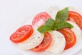 Fresh Italian Caprese Salad with Mozzarella Cheese, Tomatoes and Basil on white plate. Healthy food concept Royalty Free Stock Photo