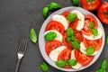 Fresh italian caprese salad with sliced tomatoes, mozzarella cheese, basil, pepper and fork in a plate Royalty Free Stock Photo