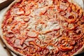 fresh italian classic original pepperoni pizza. Pizzeria menu. Hot Pizza. Food recipe background. Close up Royalty Free Stock Photo