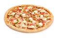 Fresh italian classic pizza with sausages, mozzarella and jalapenos isolated on a white background