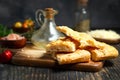 Fresh Italian focaccia bread close up on Durk table Royalty Free Stock Photo