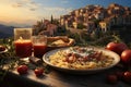 Fresh Italian pasta on a beautiful Mediterranean background, illustration generated by AI