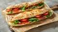 Fresh Italian Piadina Sandwiches with Salad and Tomatoes on Wooden Board