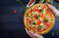 Fresh Italian pizza with chicken fillet, mushrooms, ham, salami Royalty Free Stock Photo