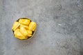 Fresh jackfruit slices in bowl. Exotic tropical fruit