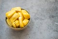 Fresh jackfruit slices in bowl. Exotic tropical fruit