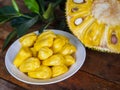 Fresh Jackfruit in white dish, half of jack fruit and jackfruit Royalty Free Stock Photo