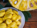 Fresh Jackfruit in white dish, half of jack fruit and jackfruit Royalty Free Stock Photo