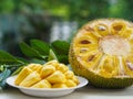 Fresh Jackfruit in white dish, half of jack fruit and jackfruit