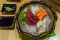 Fresh Japanese food sliced Sashimi set, Hirame Salmon and Tuna