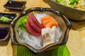 Fresh Japanese food sliced Sashimi set, Hirame Salmon and Tuna