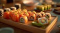 Fresh japanese salmon with avocado sushi on restaurant background copy space
