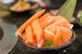 Fresh Japanese Sashimi set in Asian restaurant, orange Salmon and tuna sashimi fish on dish with ice. Japan food concept Royalty Free Stock Photo