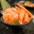 Fresh Japanese Sashimi set in Asian restaurant, orange Salmon and tuna sashimi fish on dish with ice. Japan food concept Royalty Free Stock Photo