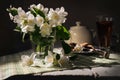 Fresh jasmine flowers in glass on sunny rays Royalty Free Stock Photo