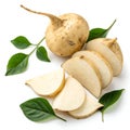 Fresh Jicama with Slices and Leaf Isolated on White Background Royalty Free Stock Photo