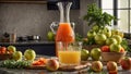 Fresh juice from apple carrots in kitchen healthy delicious