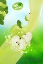 Fresh juice Apple with splash. Flow of liquid with drops and sweet fruit 3d realistic vector illustration high detail on the Royalty Free Stock Photo