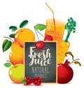 Fresh juice banner with fruits and blackboard