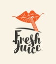 Banner for fresh juice with lips glass and straw