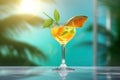 Fresh juice cocktail on the table against beach background Royalty Free Stock Photo