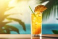 Fresh juice cocktail on the table against beach background Royalty Free Stock Photo