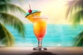 Fresh juice cocktail on the table against beach background Royalty Free Stock Photo