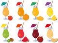 Fresh juice cocktails collection in high glass with drinking straw and cocktail umbrella vector illustration Royalty Free Stock Photo