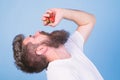 Fresh juice concept. Hipster bearded holds strawberries in fist as juice bottle. Man strict face enjoy extra fresh drink