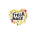 Fresh juice emblem. Colorful juice drops splashed around the heart shape with text inside on white background. Modern