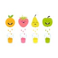 Fresh juice and glasses. Apple, strawberry, pear, orange fruit with faces. Smiling cute cartoon character set. Natural