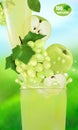 Fresh juice Grape and Apple with splash. Flow of liquid with drops and sweet fruit 3d realistic vector illustration on the Royalty Free Stock Photo