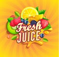 Fresh juice logo with splash, fruits and berries.
