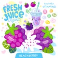 Fresh juice organic glass cute kawaii character. Blackberry berry berries yogurt smoothies cup. Vector illustration.