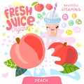 Fresh juice organic glass cute kawaii character. Peach yogurt smoothies cup. Vector illustration.